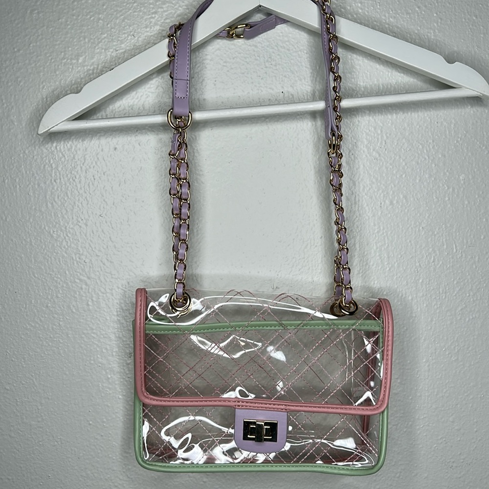 Forever 21 clear quilted pastel trim shoulder purse with chain straps